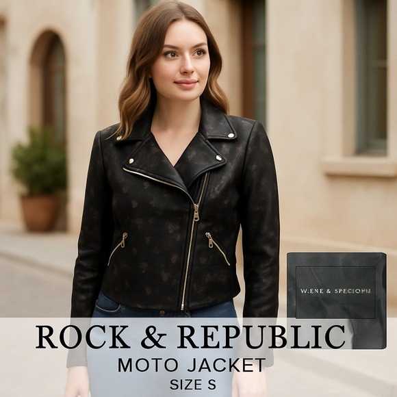 Rock & Republic Foil Motorcycle Jacket Snake Print Full Zip Biker Jacket S - Picture 1 of 13
